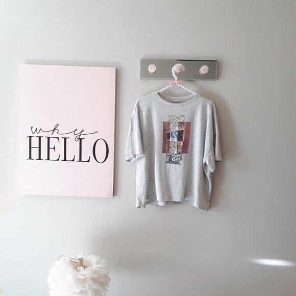 EUC Zara heather grey short sleeve t-shirt w/ sequins & painted accents, L - Picture 10 of 14